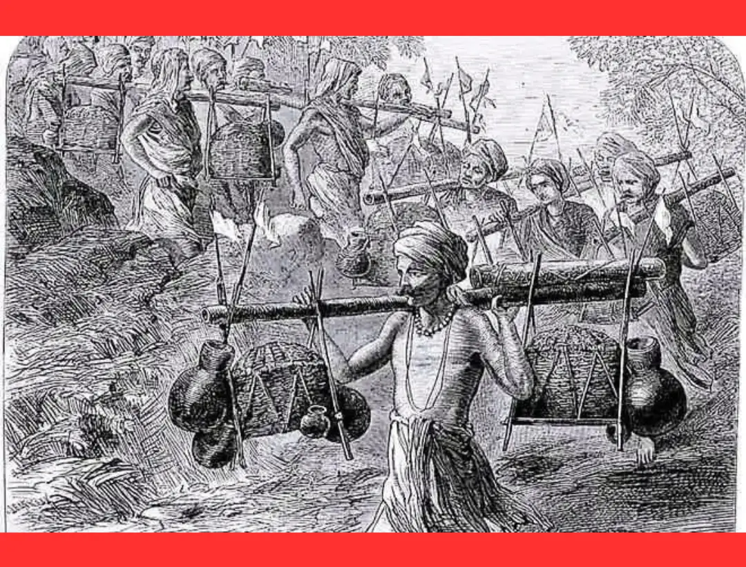 An 1858 sketch by Montgomery depicting a Kanwar pilgrim carrying a sacred pot, featured in the 1864 issue of The Illustrated London News titled ‘Ganges pilgrims passing a ghat’.