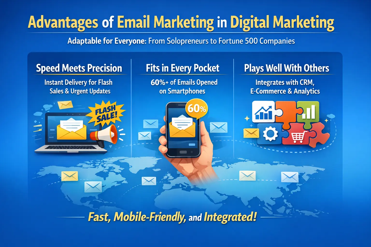 Infographic listing key advantages of email marketing: adaptable for all business sizes, fast and precise delivery, cost-effective, mobile-friendly with 60%+ opens on smartphones, and seamless integration with CRM and e-commerce tools.