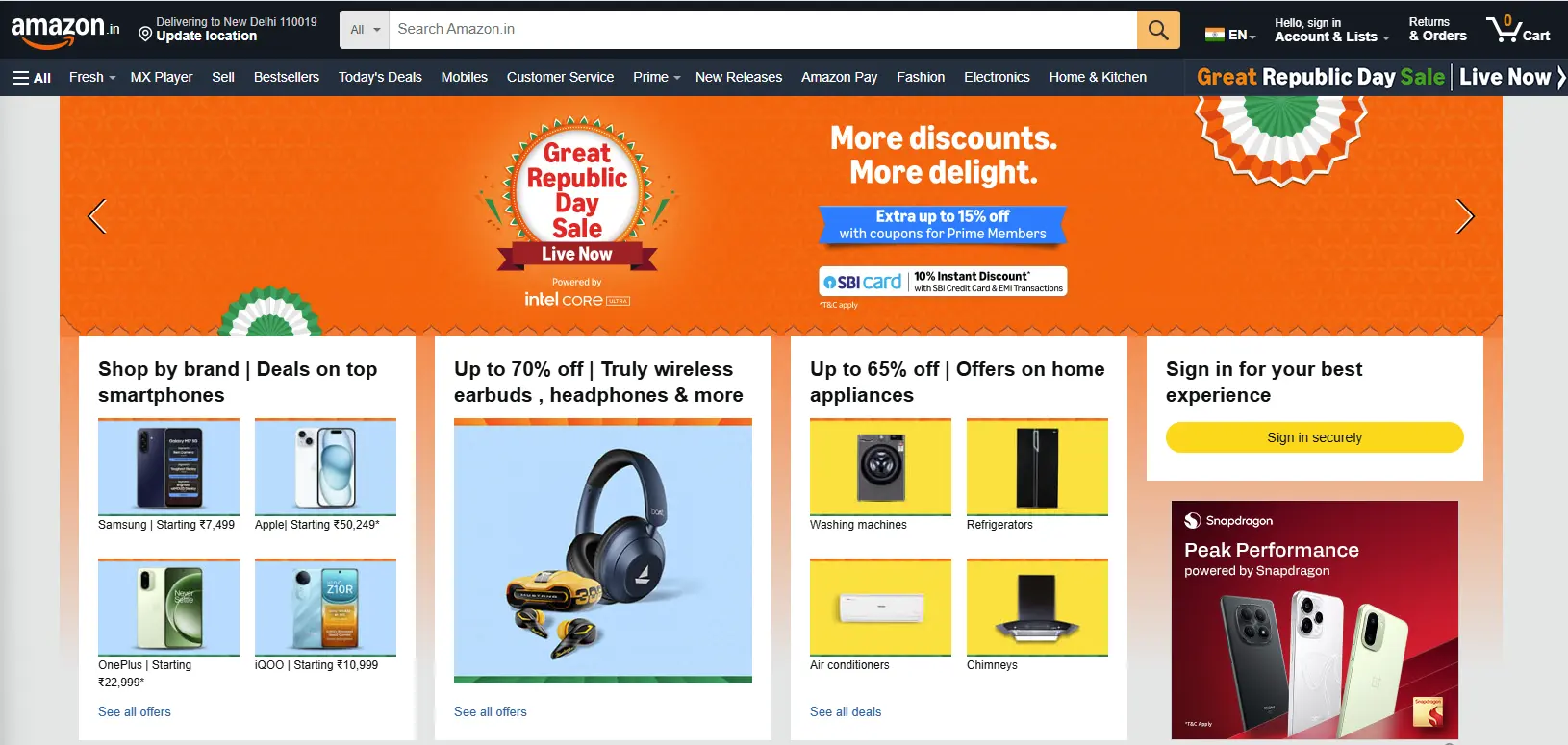 Amazon Great Republic Day Sale 2026 landing page highlighting SBI card discounts, smartphone brands, and home appliance offers.