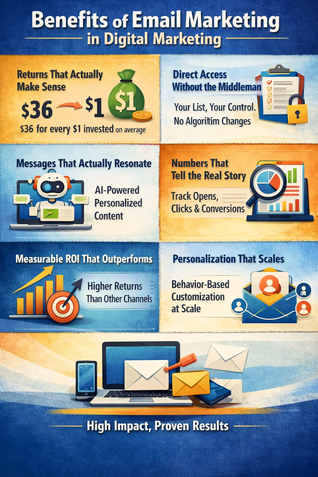 A graphic titled "Benefits of Email Marketing in Digital Marketing" showing an infographic with key email marketing benefits, including: a 36:1 ROI ratio, direct audience access without algorithm dependency, AI-driven personalized content, measurable tracking of opens and conversions, high-impact results, and scalable personalization.
