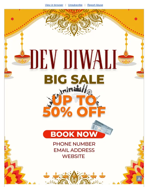 Promotional banner for the Dev Diwali Big Sale, offering up to 50% off. Text encourages you to 'BOOK NOW' and includes placeholders for a phone number and email address.