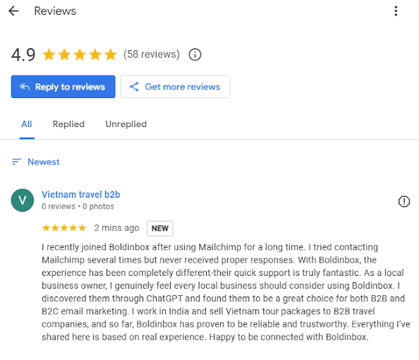 Screenshot of a 5-star Google review for Boldinbox by "Vietnam travel b2b," praising the platform's fantastic quick support compared to Mailchimp. The review was left on February 6, 2026, and marked as unprompted.