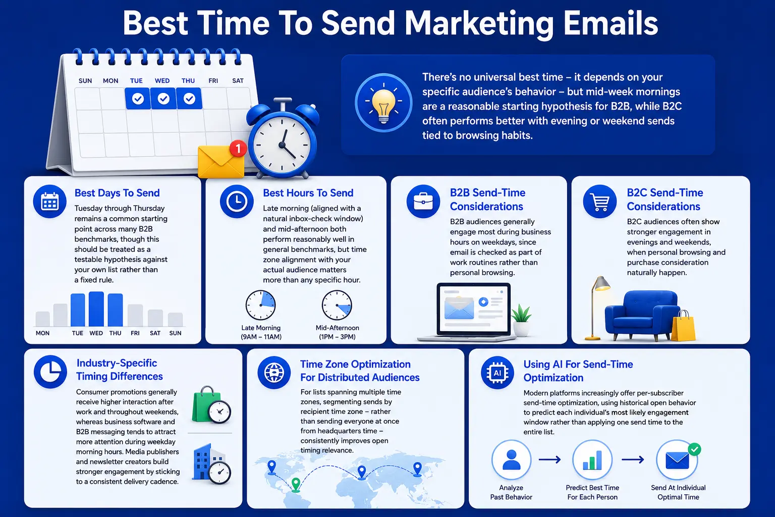 Email marketing send-time optimization infographic featuring a weekly calendar grid from Sunday to Saturday. Opens with the key insight that there is no universal best time—mid-week mornings serve as a reasonable B2B starting hypothesis, while B2C often performs better with evening or weekend sends tied to browsing habits. Covers best days as Tuesday through Thursday for B2B benchmarks, with late morning and mid-afternoon as generally strong performers, emphasizing that time zone alignment matters more than any specific hour. Includes separate B2B and B2C considerations, industry-specific differences for consumer promotions, business software, and media publishers, and advanced strategies including time zone segmentation for distributed audiences. Concludes with a three-step AI-powered per-subscriber optimization workflow: analyze past behavior, predict the best time for each person, and send at each individual's optimal engagement window.