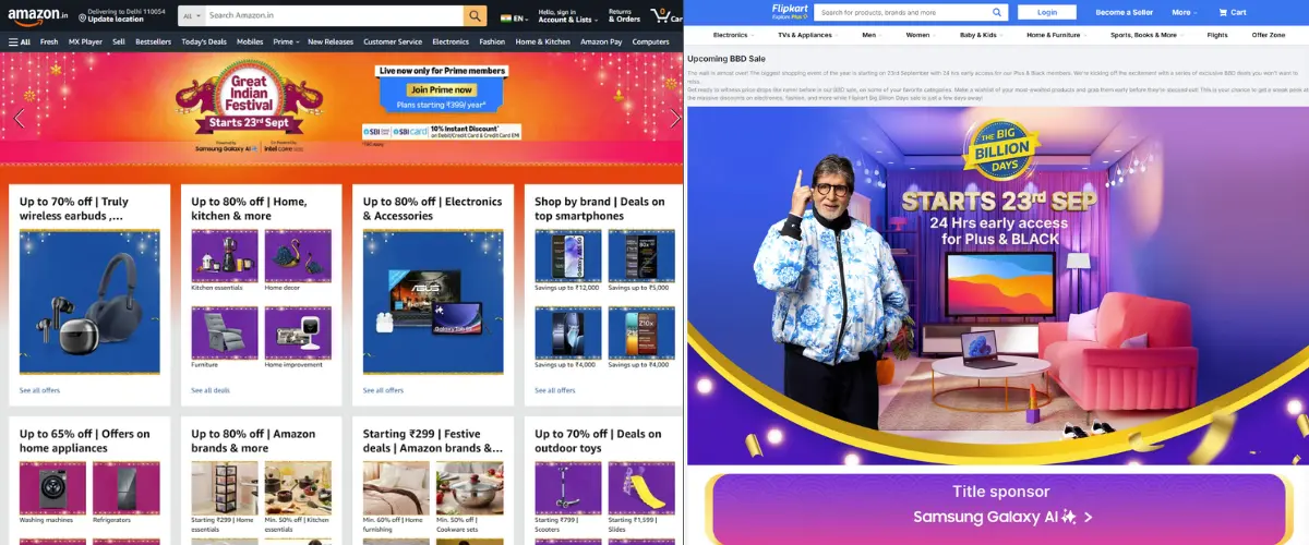 Amazon Great Indian Festival and Flipkart Big Billion Days sale banners starting 23rd September, featuring electronics, home appliances, fashion, and exclusive early access deals for festive shopping