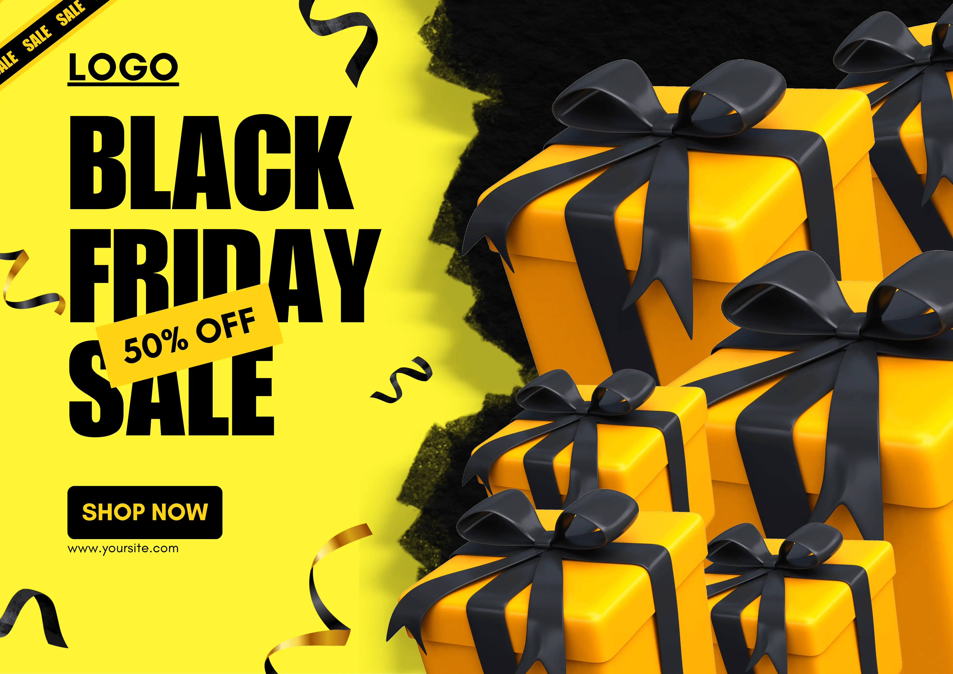 Striking black and yellow graphic banner for a Black Friday Sale, with a prominent call-to-action to "SHOP NOW" and the company's website.
