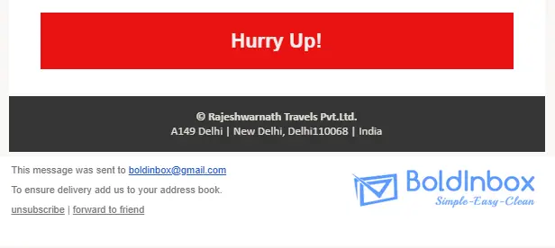 Footer section of a promotional email from Rajeshwarnath Travels, showing the company address, unsubscribe link, and a tagline that reads "Simple-Easy-Clean