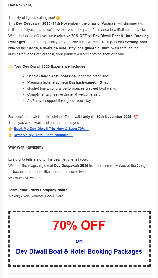 A promotional email for Dev Deepawali 2025 travel packages to Varanasi, featuring a 70% discount on boat and hotel bookings.