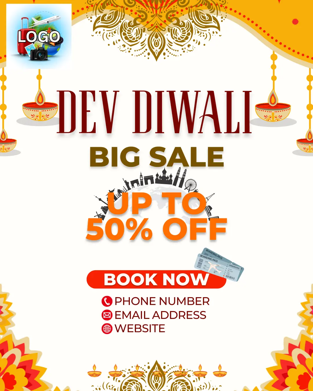 A promotional flyer for the 'Dev Diwali' sale. The text 'DEV DIWALI' is prominently displayed at the top, followed by 'BIG SALE' and 'UP TO 50% OFF'. At the bottom, a 'BOOK NOW' call to action is shown above placeholders for a phone number, email address, and website. The flyer has a space for a company logo at the very top.