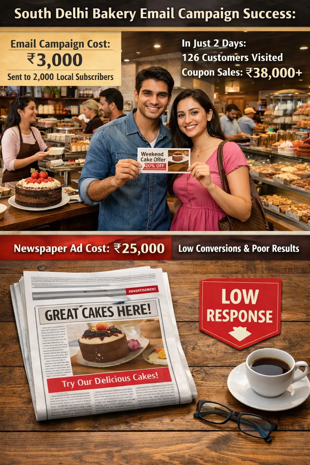 Case study showing how a bakery generated ₹38,000 in sales from a ₹3,000 email marketing campaign, outperforming a costly ₹25,000 newspaper ad.