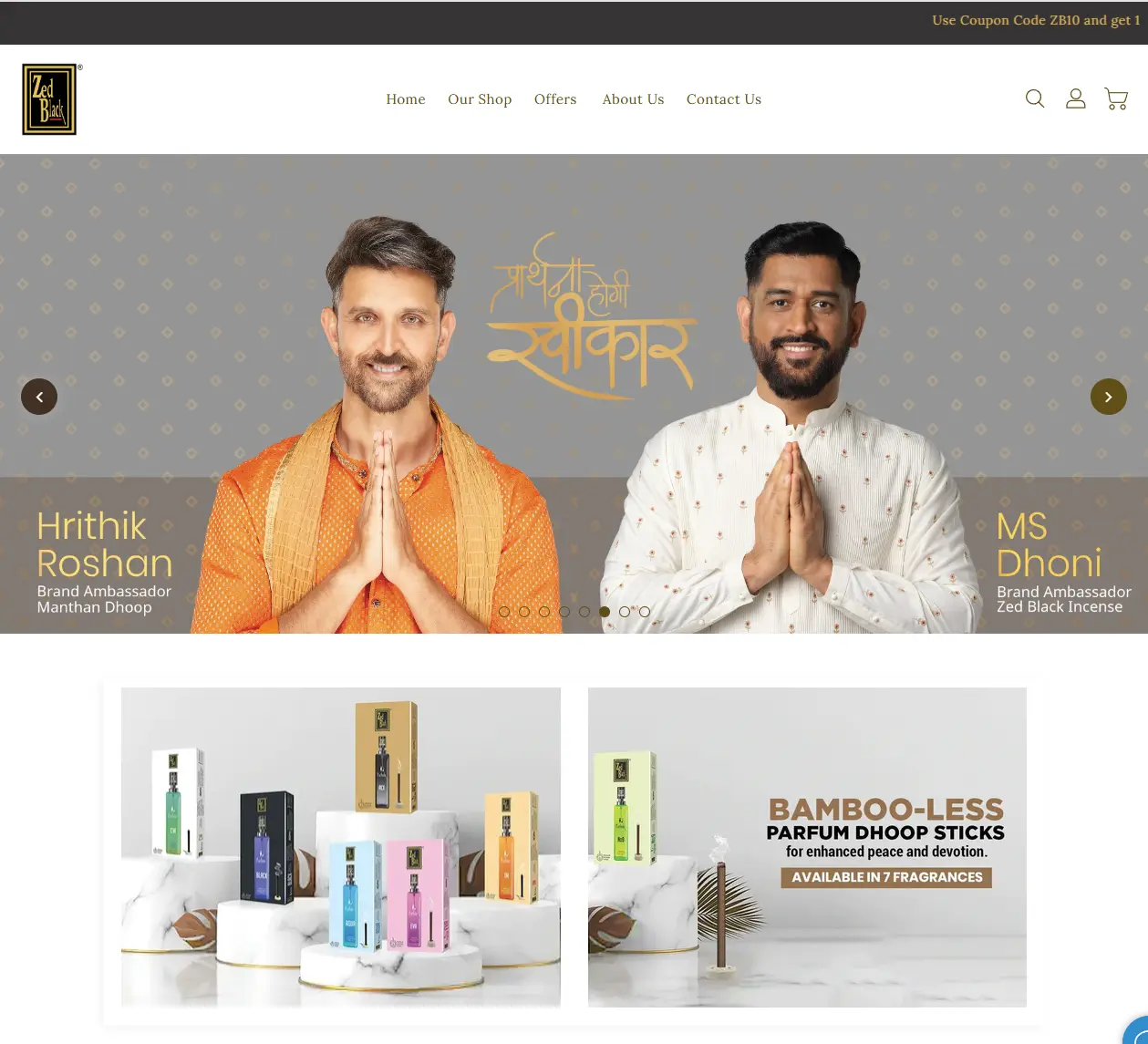 Zed Black homepage featuring Hrithik Roshan and MS Dhoni with folded hands, promoting incense sticks; slogan and product line shown prominently.