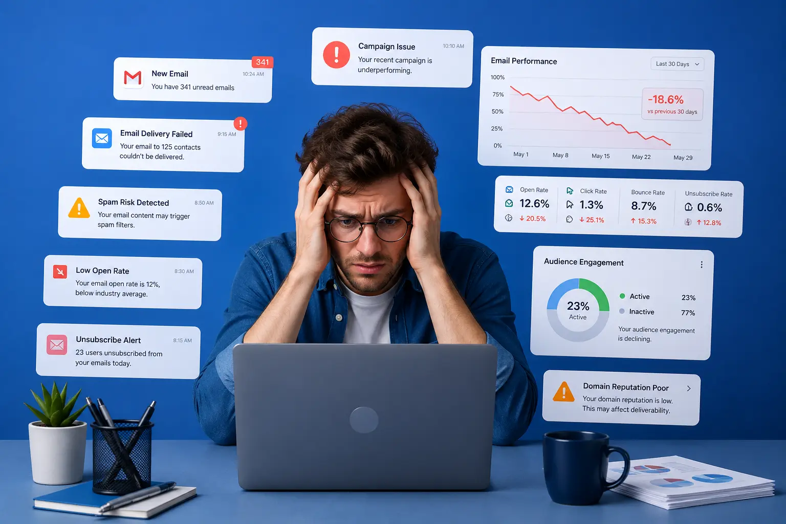 Alert-style dashboard showing email campaign underperformance. Metrics include open rate (12.6%), click rate (1.3%), bounce rate (8.7%), and unsubscribe rate (0.6% with +15.3% increase). A pie chart shows 23% active and 23% inactive engagement. Warning messages indicate poor domain reputation, low open rate, spam risk detected, and an unsubscribe alert of 23 users in one day.
