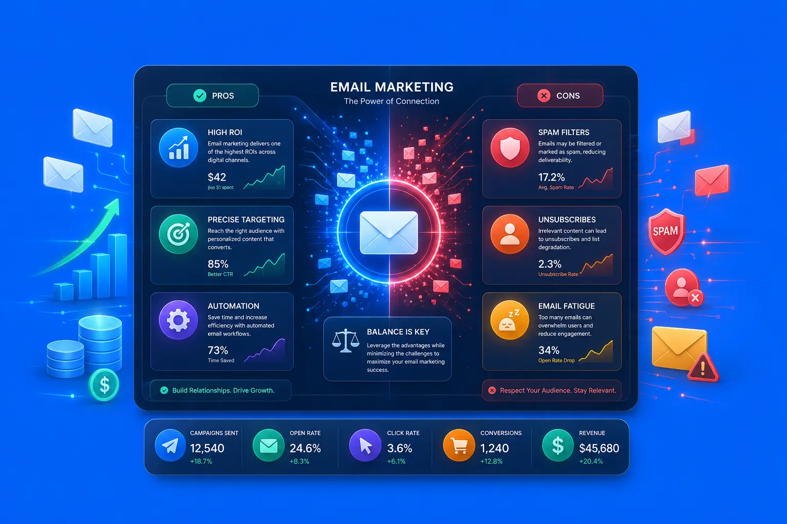 Infographic comparing the pros and cons of email marketing. Pros include high ROI (42x return), precise targeting (85% better CTR), and automation (73% time saved). Cons include spam filters (17.2% average spam rate), unsubscribes (2.3% rate), and email fatigue (34% open rate drop). Bottom metrics show 12,540 campaigns sent, 24.6% open rate, 3.6% click rate, 1,240 conversions, and $45,680 revenue.