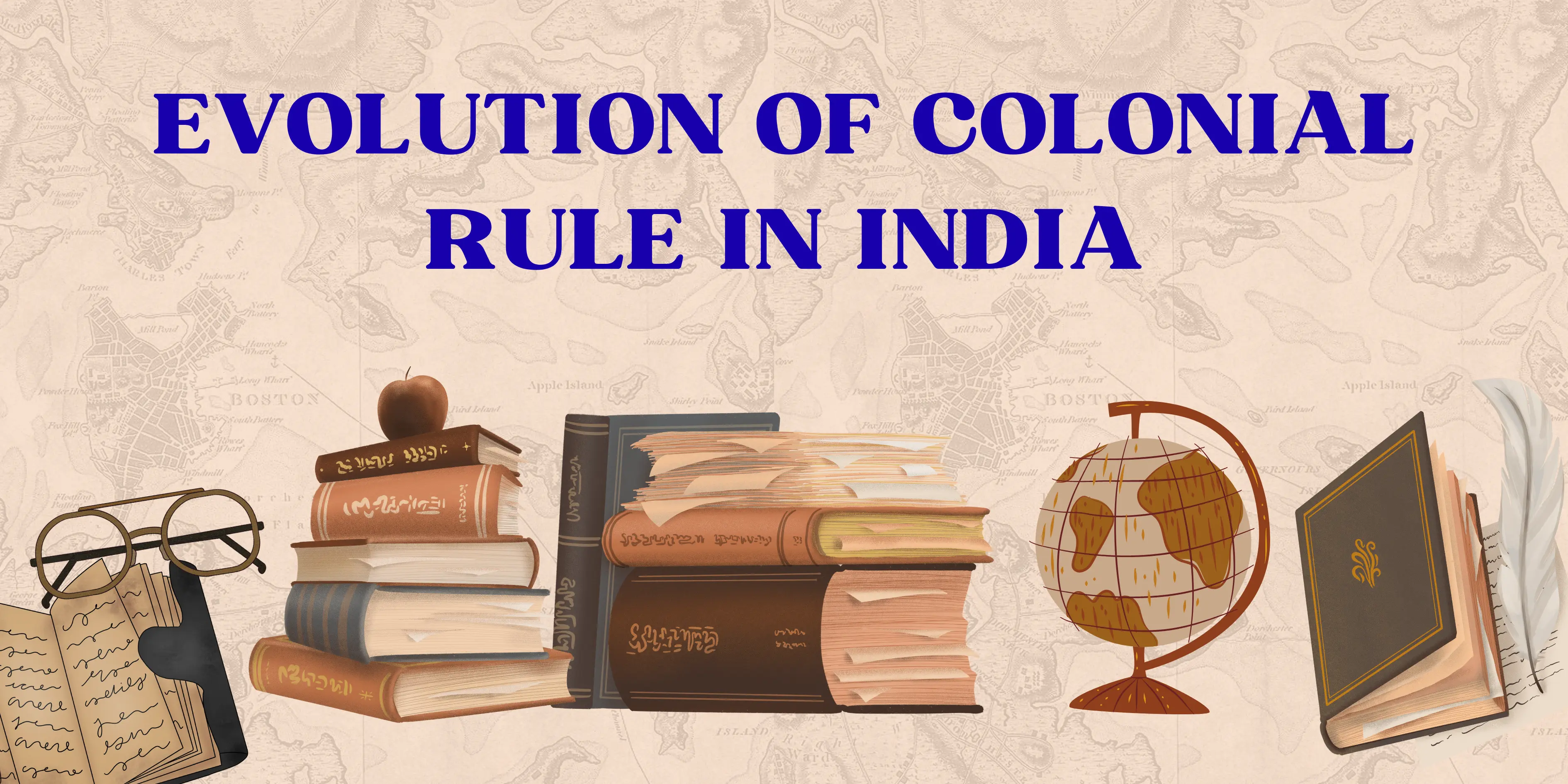 Historical illustration of books, globe, and writing tools symbolizing colonial India.