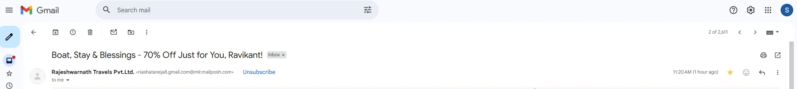 A screenshot of a Gmail inbox showing a promotional email with the subject line "Boat, Stay & Blessings - 70% Off Just for You, Ravikant!"