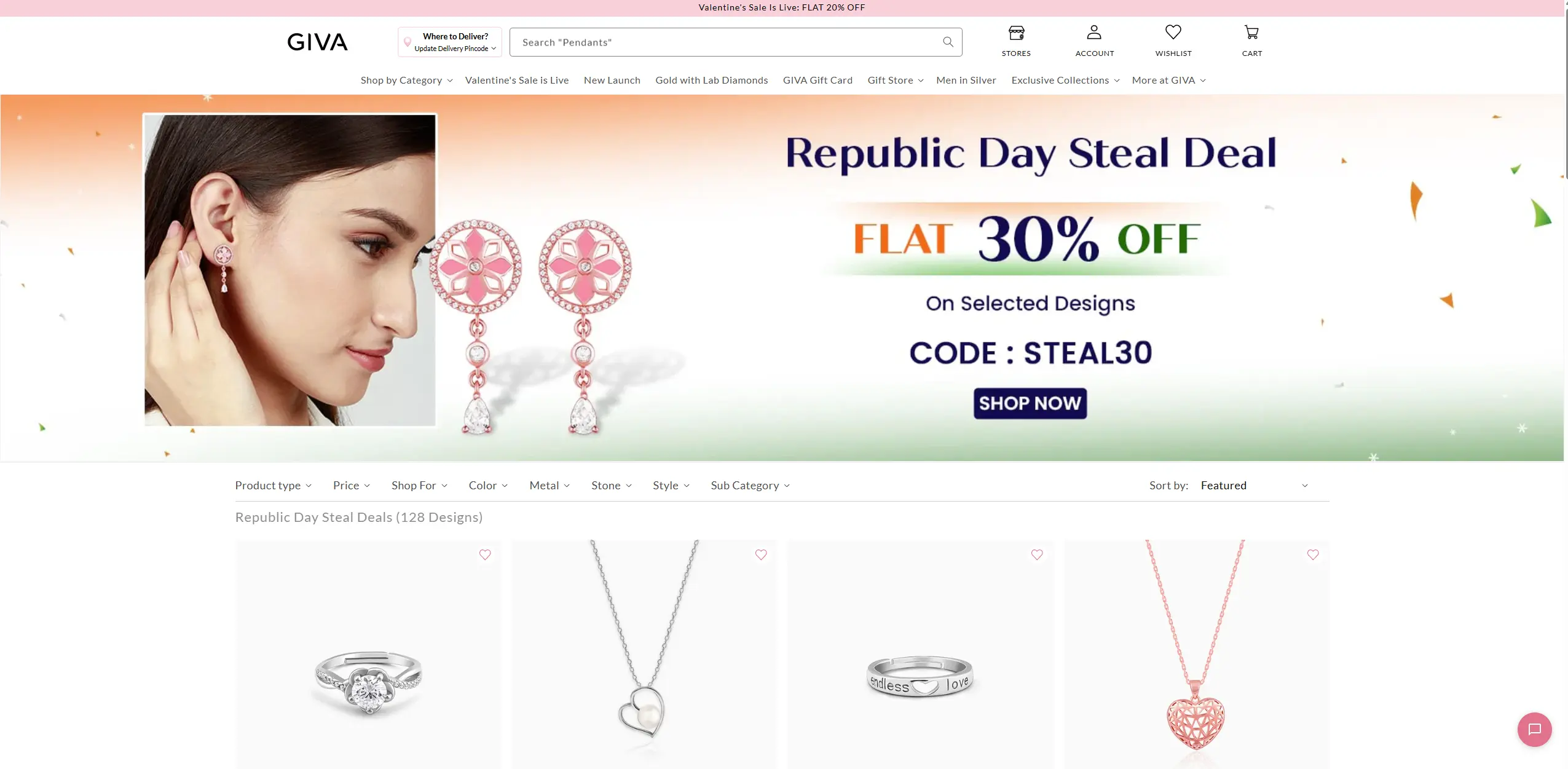 Giva Republic Day Steal Deal 2026 promotion featuring flat 30% off on selected silver jewellery designs.