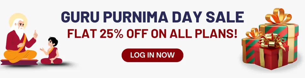 Guru Purnima Day Sale banner showing a teacher and student illustration, festive gifts, and a promotional message offering flat 25% off on all plans with a “Log In Now” button