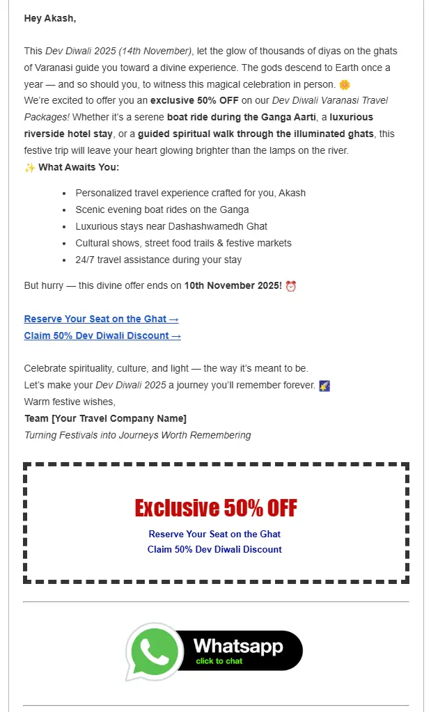 Main body of the Rajeshwarmath Travels email. It describes a Dev Diwali 2025 travel package to Varanasi, offering 50% off. It highlights boat rides on the Ganga, luxurious hotel stays, cultural shows, and a booking deadline of November 10th, 2025. Buttons to 'Reserve Your Seat on the Ghat' and 'Claim 50% Dev Diwali Discount' are featured.