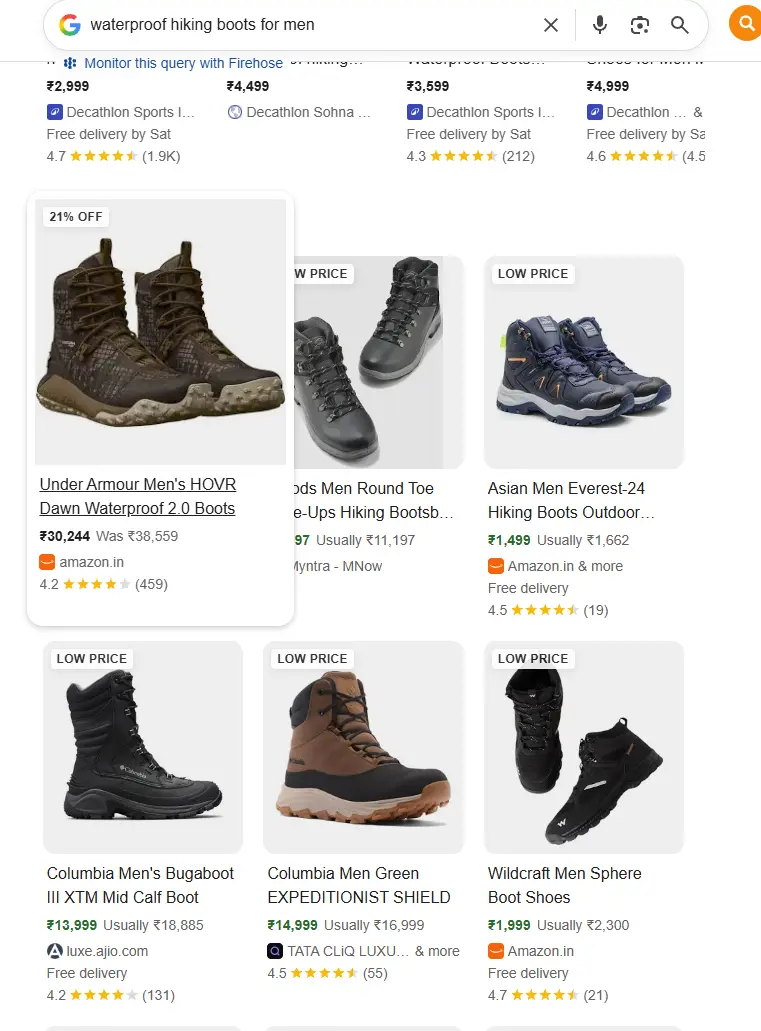 A screenshot of a Google Shopping search results page for the query "waterproof hiking boots for men." The page displays a grid of product listings from various retailers. The top featured product is an "Under Armour Men's HOVR Dawn Waterproof 2.0 Boots" priced at ₹30,244 from amazon. Other visible listings include boots from Columbia, Asian, and Wildcraft, with prices ranging from ₹1,499 to ₹14,999. Several items feature "Low Price" badges, and retailer information such as Decathlon, MNow, and Tata CLIQ Luxury is displayed alongside star ratings and delivery details.