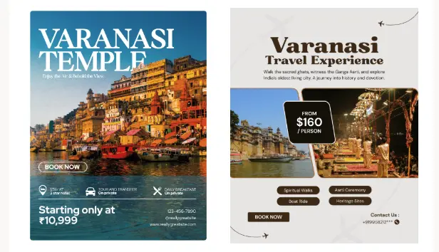A graphic for a Varanasi travel experience, featuring an illustration of a temple and text promoting tours starting at a low price.