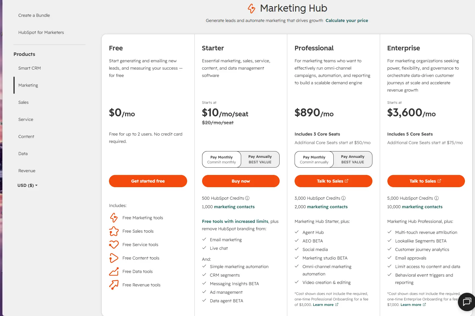 HubSpot Marketing Hub pricing plans in USD. Free plan for basic marketing and lead generation, Starter plan starting at $10 per month per seat for essential marketing, sales, and service tools, Professional plan starting at $20 per month per seat for omni-channel campaigns and automation, and Enterprise plan for data-driven customer journeys at scale - custom pricing. Includes 500-3,000 HubSpot Credits, 1,000-2,000 marketing contacts, free tools with increased limits, remove HubSpot branding from email marketing and live chat, plus features like Agent Hub, AEO BETA, social media, marketing studio, omni-channel automation, video creation, multi-touch revenue attribution, lookalike segments, customer journey analytics, email approvals, and behavioral event triggers. Monthly and annual billing options available with performance onboarding fee of $3,000. Free marketing, sales, service, content, data, and revenue tools included.