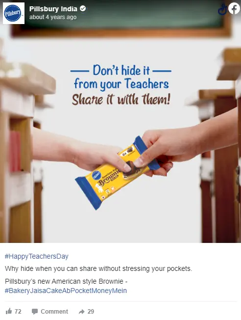 Pillsbury India Teacher's Day advertisement featuring their American-style Brownie mix. Text reads: "Don't hide it from your Teachers, Share it with them!