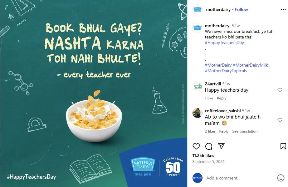 Mother Dairy Instagram post for Teacher's Day. Text reads: "Book bhul gave? Nashta karna toh nahi bhulte! - every teacher ever." A comment from Mother Dairy says: "We never miss our breakfast, ye toh teachers ko bhi pata tha!