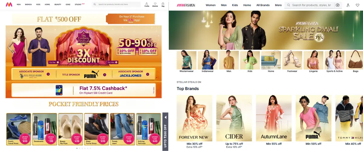 Promotional banner for the Myntra and Nykaa Navratri Diwali sale. Highlights include a flat ₹500 discount, up to 90% off, 7.5% cashback, and offers from brands like Forever New and CIDER.