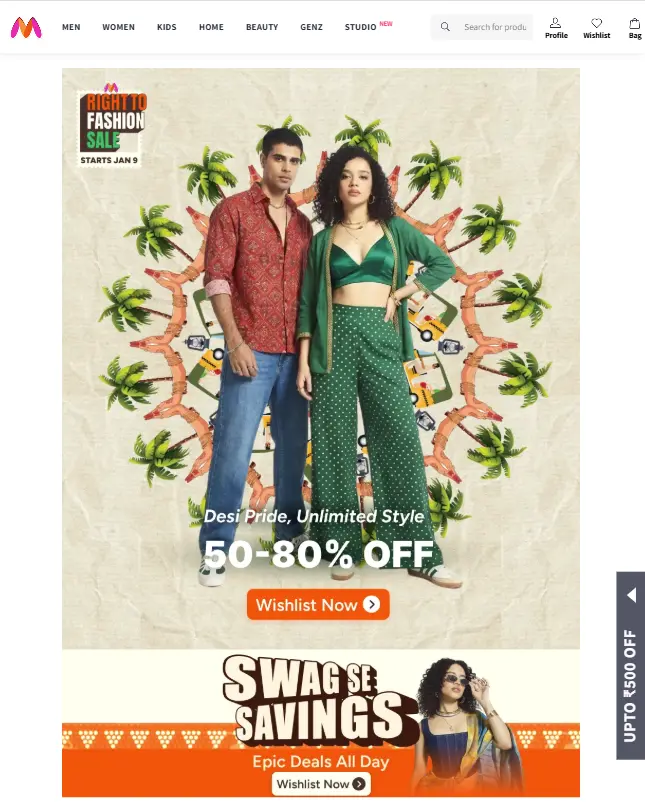 Myntra Right to Fashion Republic Day Sale 2026 banner announcing 50-80% off on fashion and apparel.
