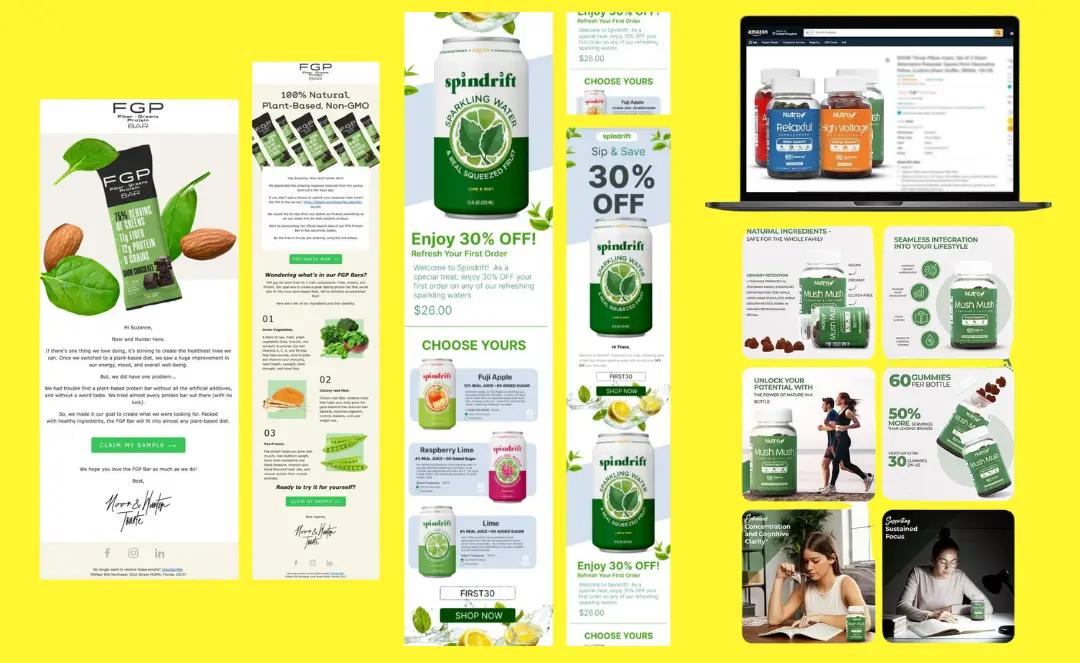 A collage of various email newsletters and an e-commerce product page. One email shows a healthy product line with text about plant-based and non-GMO ingredients. Another shows a Spindrift sparkling water campaign with a 30% discount. An e-commerce page for health supplements is also visible, along with a separate section showing a woman reading a book with similar products.