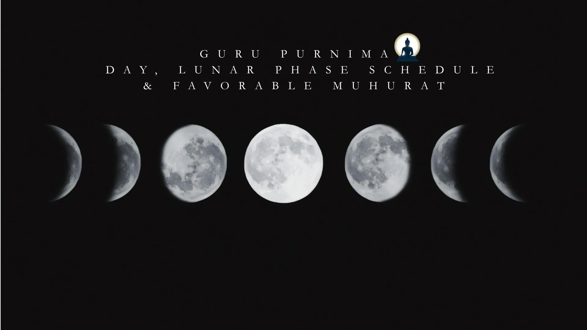 Visual of lunar moon phases showing full moon on Guru Purnima, with text about day, lunar schedule, and favorable muhurat for rituals.