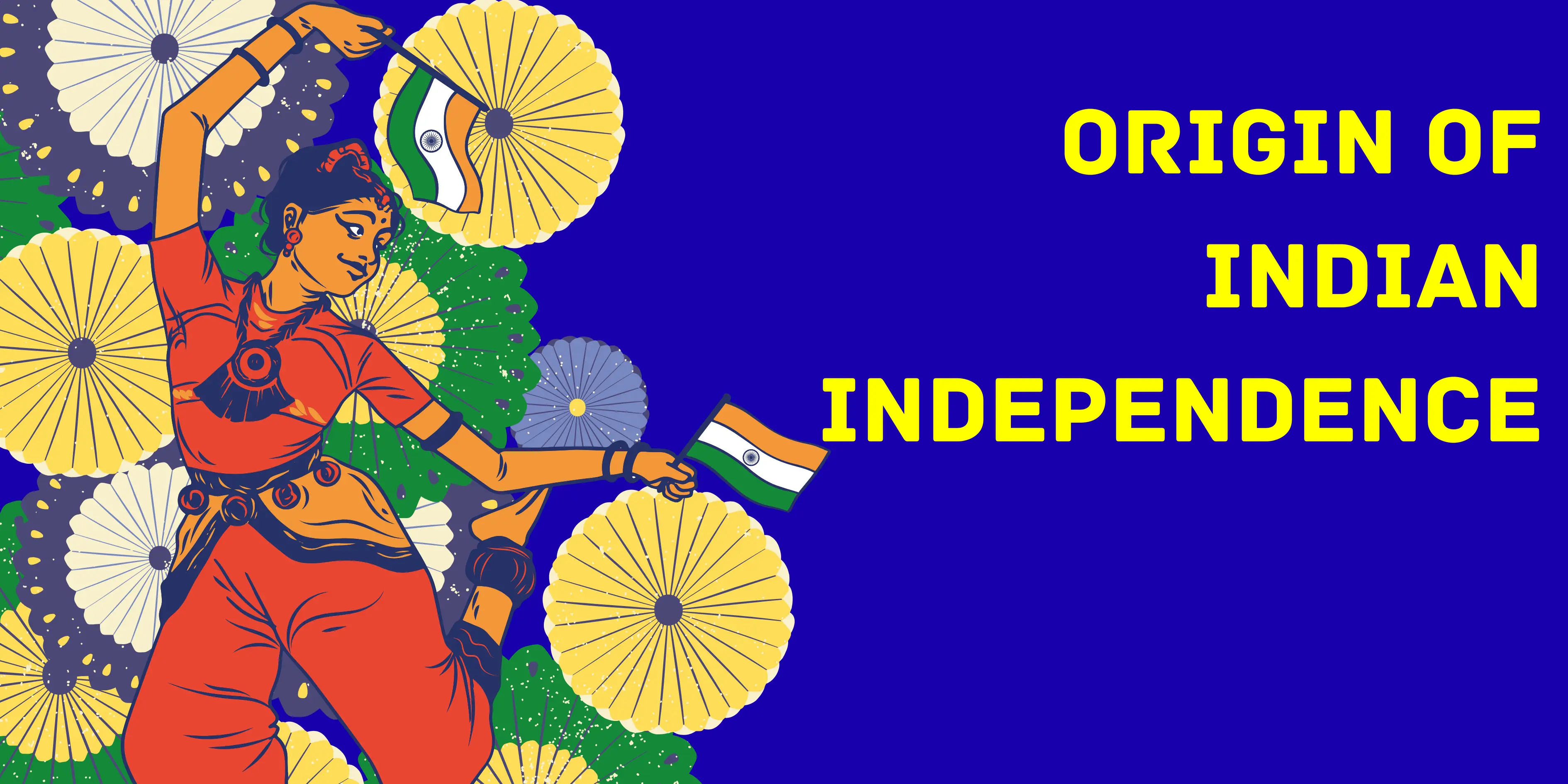Cartoon-style dancer waving Indian flag amid Independence Day celebration motifs.