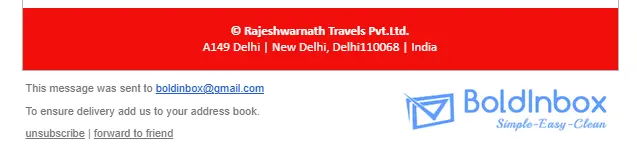 Email footer for Rajeshwarmath Travels Pvt. Ltd., located in Delhi, India. It includes the company address and links to unsubscribe or forward the email.