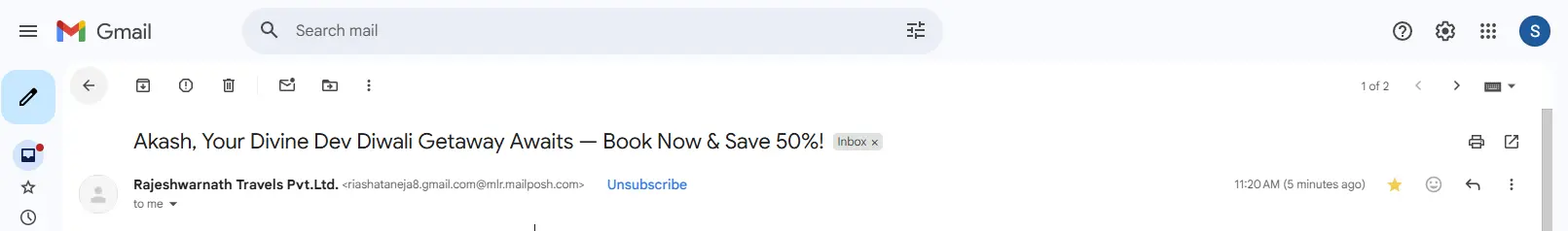 Email header for Rajeshwarmath Travels. The subject line reads: 'Akash, Your Divine Dev Diwali Getaway Awaits - Book Now & Save 50%!