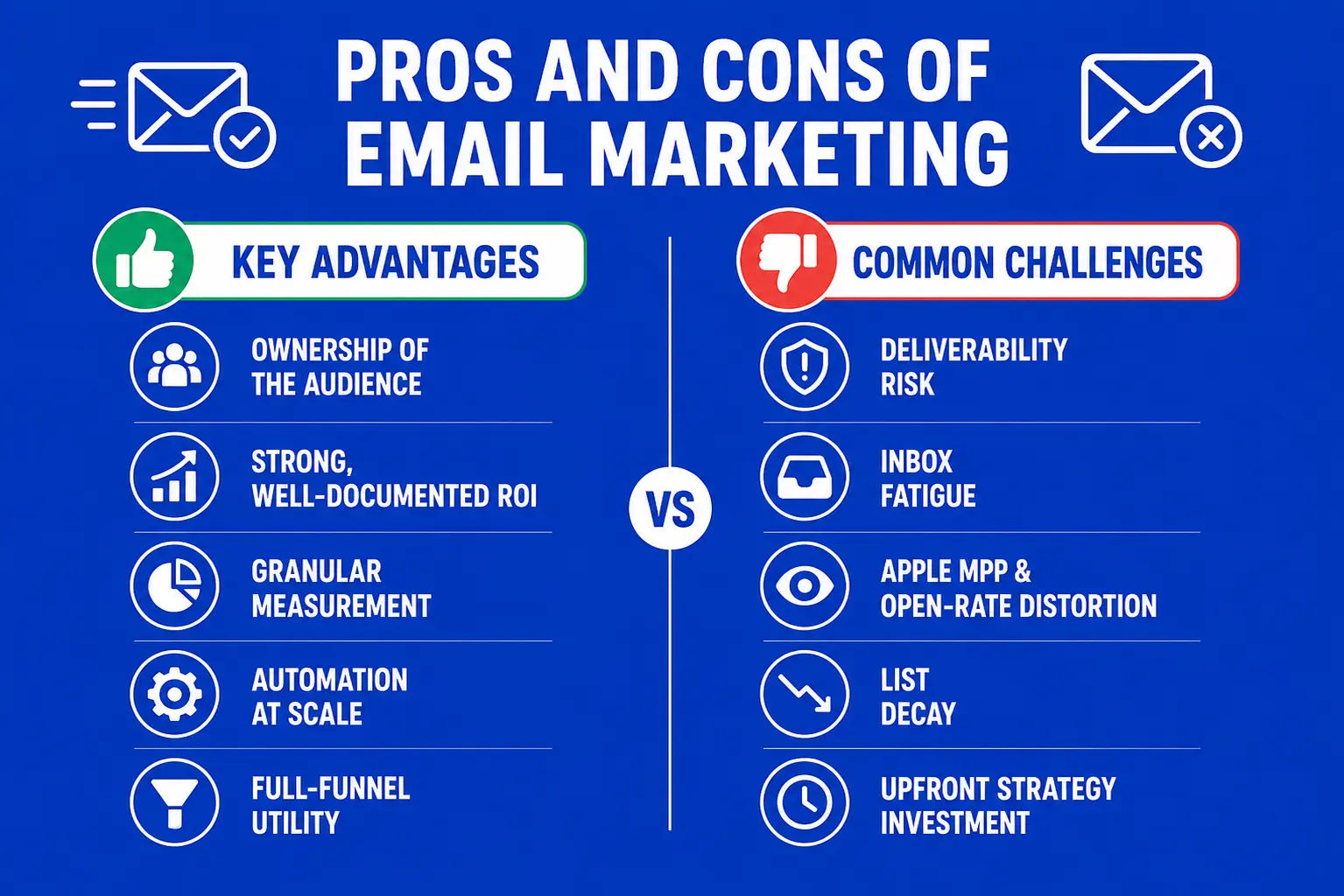 Balanced pros and cons of email marketing infographic. Advantages include ownership of the audience, strong and well-documented ROI, granular measurement, automation at scale, and full-funnel utility. Common challenges include deliverability risk, inbox fatigue, Apple MPP and open-rate distortion, list decay, and upfront strategy investment. A practical overview for marketers evaluating email marketing as a channel.