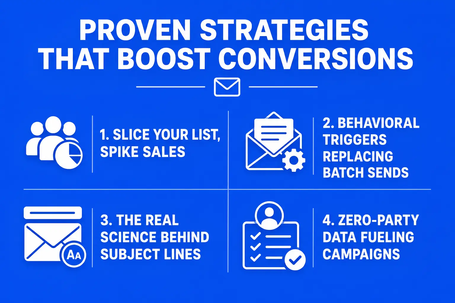 Conversion-boosting email marketing strategies infographic featuring four proven tactics: list segmentation for sales spikes, behavioral triggers replacing batch sends, science-backed subject line optimization, and zero-party data collection to fuel personalized campaigns.