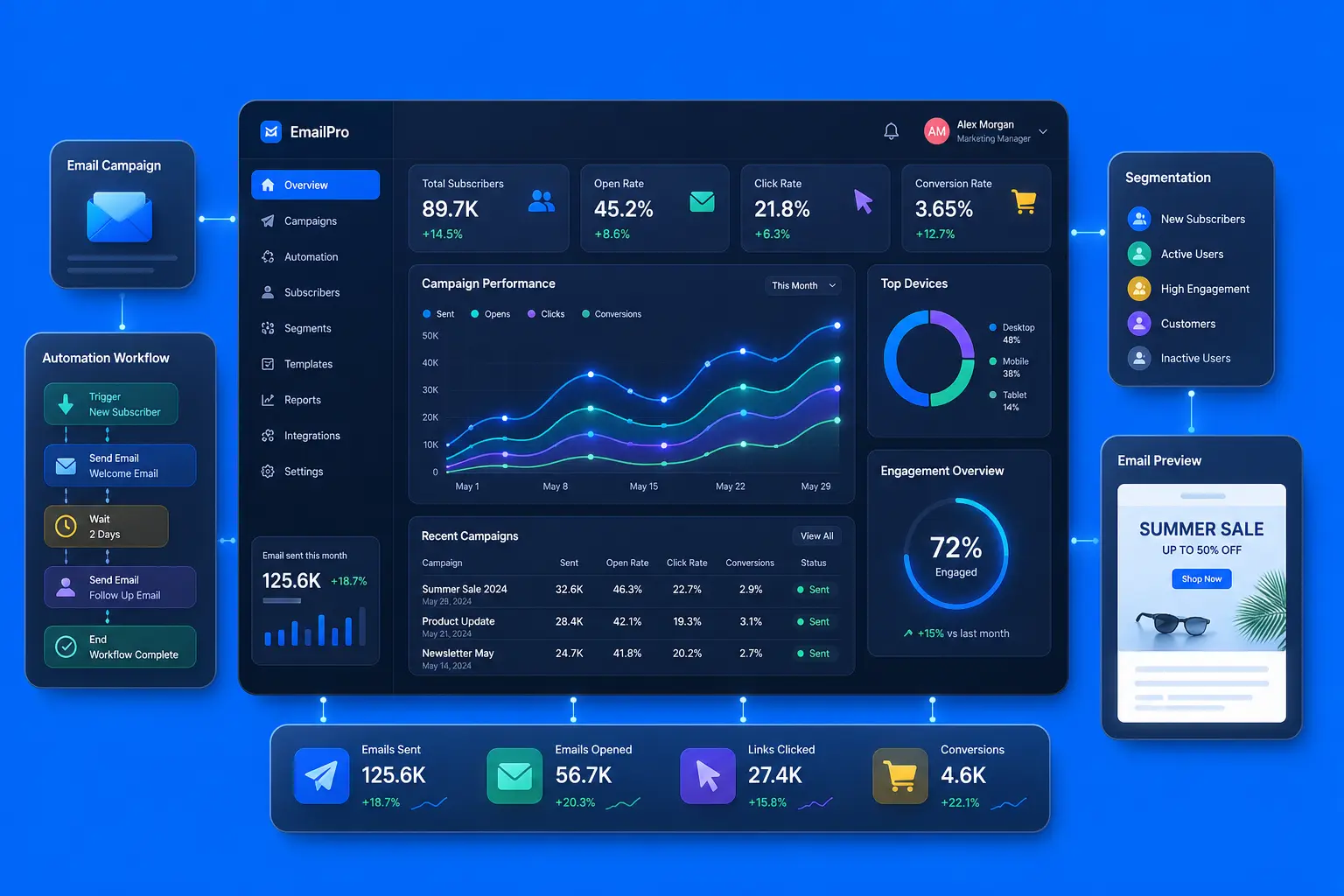 Email marketing performance dashboard showing total subscribers (89.7K, +14.5%), open rate (45.2%, +8.6%), click rate (21.8%, +6.3%), and conversion rate (3.65%, +12.7%). Includes a line graph of campaign performance over May, a recent campaigns table (Summer Sale 2024: 46.3% open rate), top devices (desktop 48%, mobile 38%), segmentation list, and email preview for a summer sale.