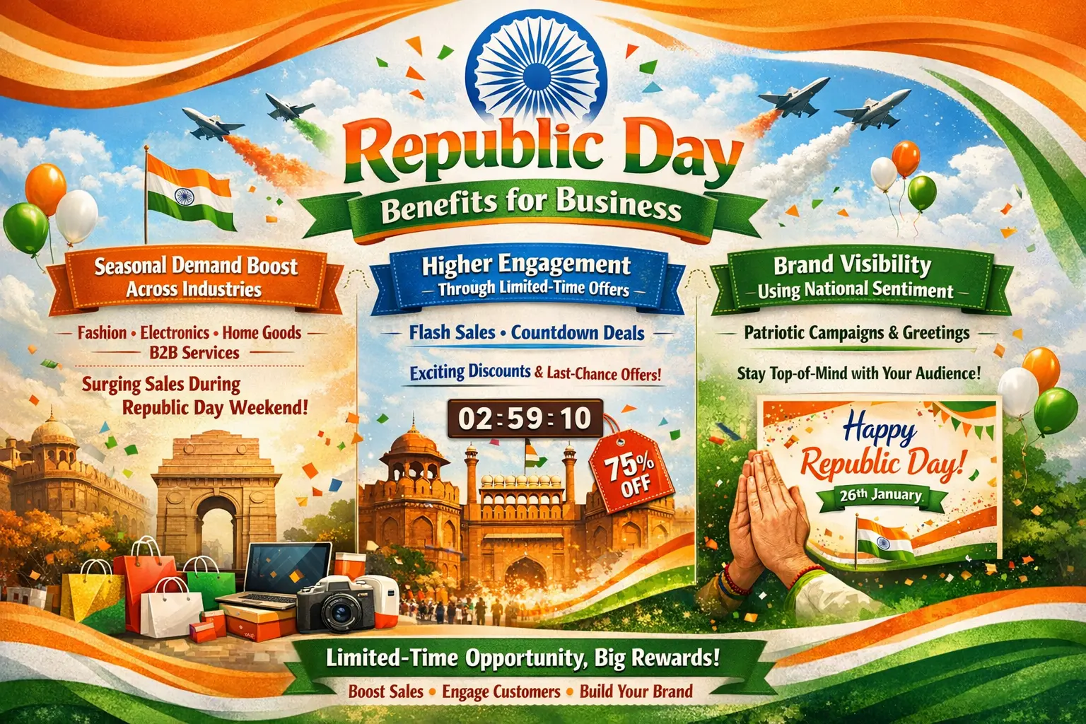 Slide highlighting Republic Day business benefits: seasonal sales boost, brand visibility, and customer engagement strategies.