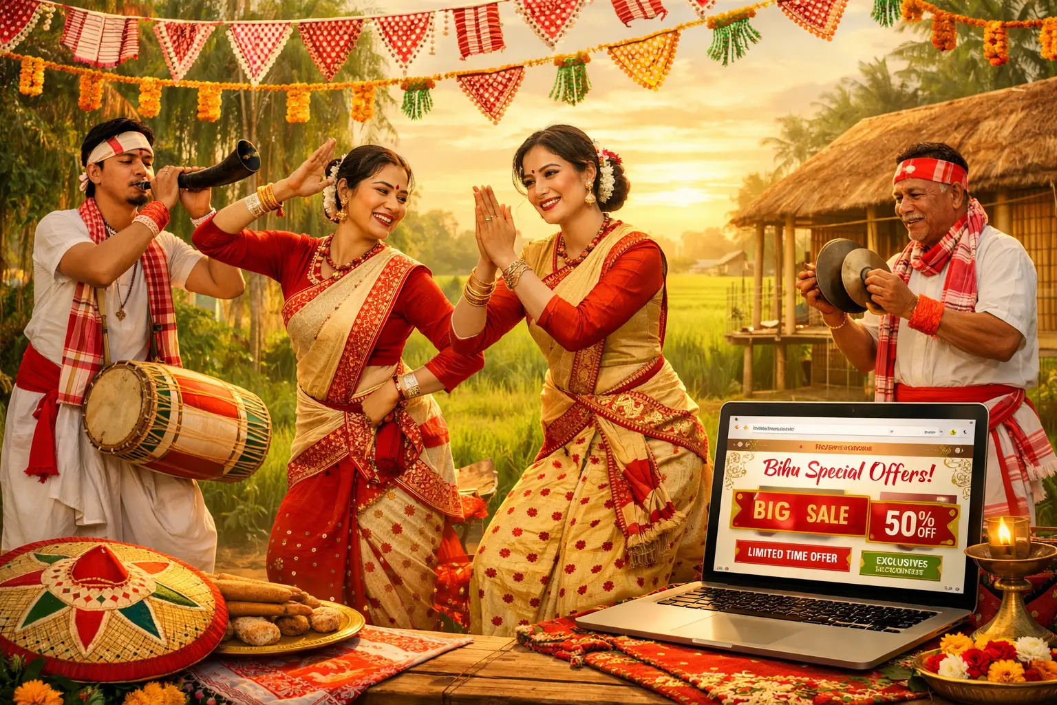 Happy Bihu Festival greeting card with text wishing prosperity, happiness, and good health this festive season, and buttons for Explore More, Traditions, Recipes, and Events.