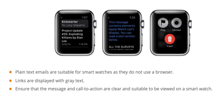 For smartwatches and other wearables, plain text emails are more suitable as they don’t use a browser. Ensure that the message and CTA are clear and easy to read on smaller screens.