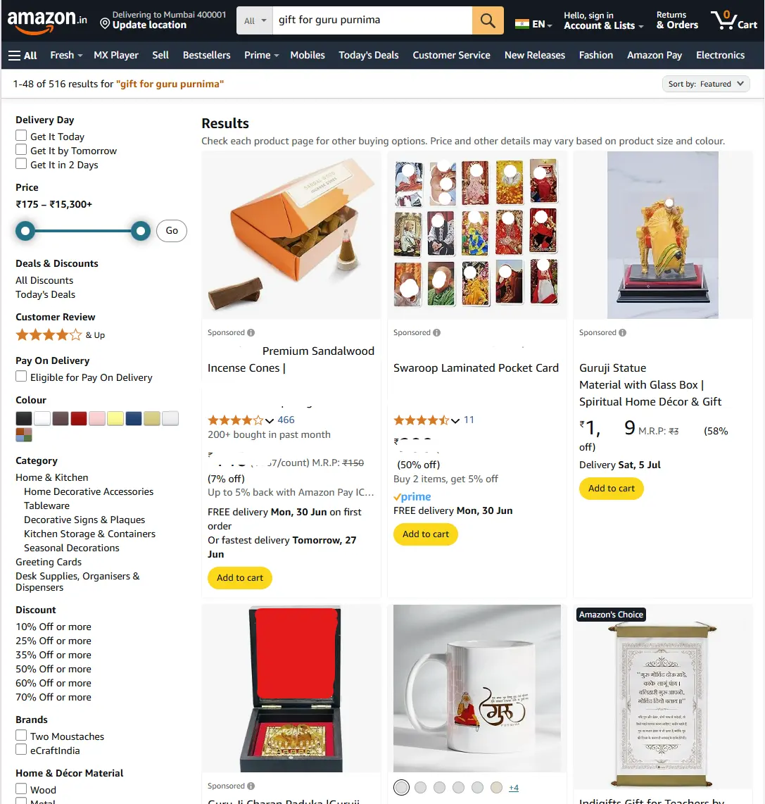 Amazon India search results for "gift for Guru Purnima" showing spiritual products like incense cones, laminated cards, statues, mugs, and decor items. Find the best gift for guru purnima