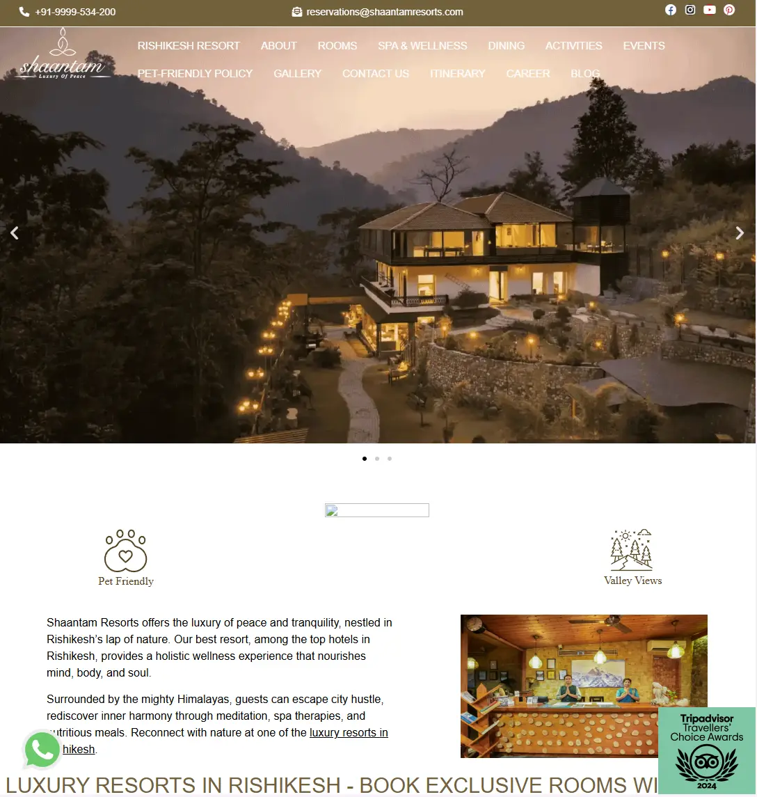 Night-time view of Shaantam Resort in Rishikesh, nestled in the Himalayan foothills, with illuminated stone pathways, scenic forest surroundings, and a luxury villa-style retreat promoting peace and wellness.