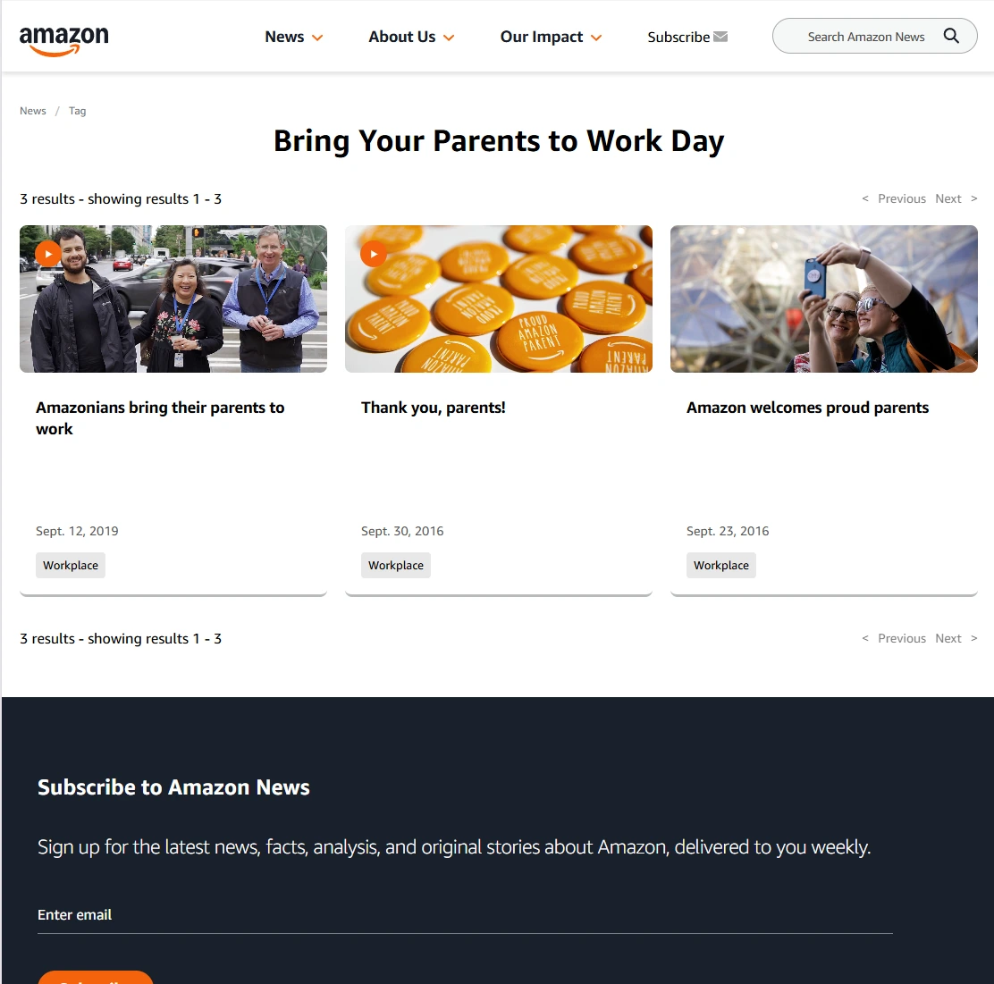 Amazon News official website featuring company updates, workplace stories, and newsletter subscription