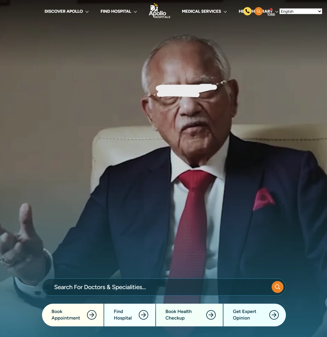 Apollo Hospitals homepage showcasing doctor search, appointment booking, and health checkup services.