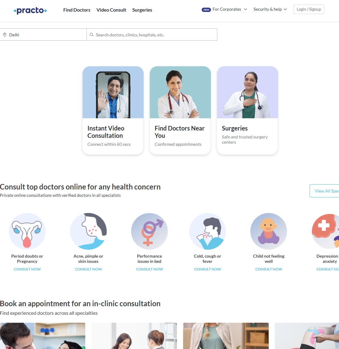 Practo healthcare app interface for finding doctors, booking video consultations, and scheduling surgeries