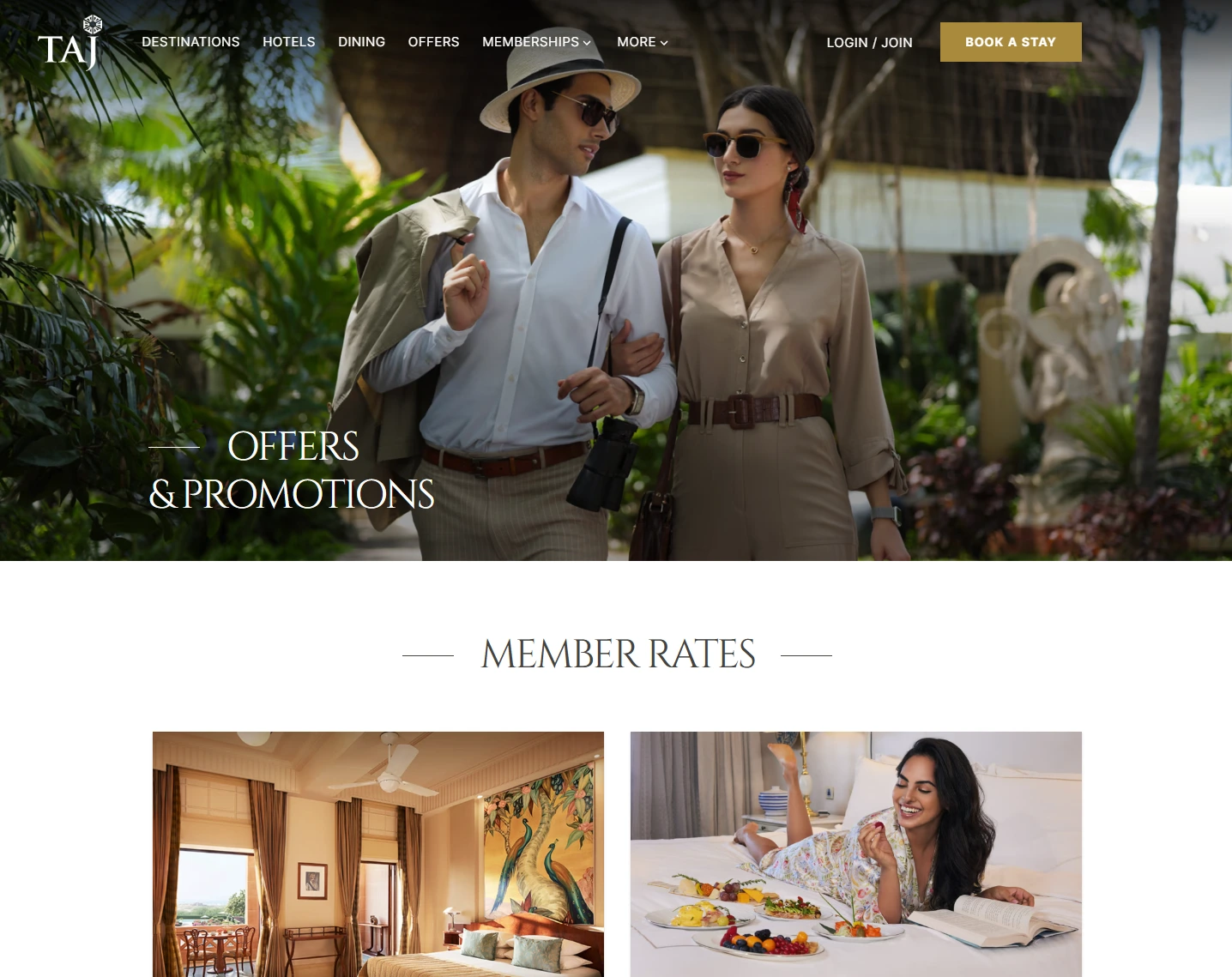 Taj Hotels official website showing luxury stays, member rates, and special promotions for hotel bookings
