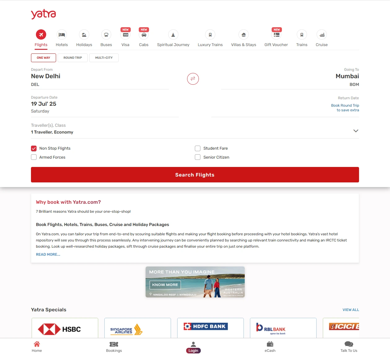 Yatra.com travel booking website showing flights, hotels, holiday packages, and special offers for complete trip planning