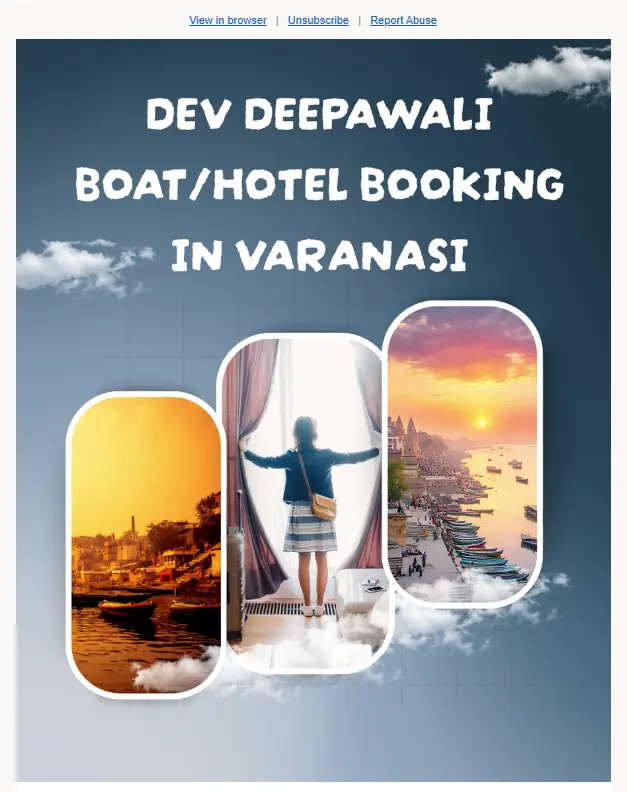 Header section of a promotional email for Dev Deepawali, featuring the text "DEV DEEPAWALI BOAT/HOTEL BOOKING IN VARANASI" and links for 'View in browser' and 'Unsubscribe'.