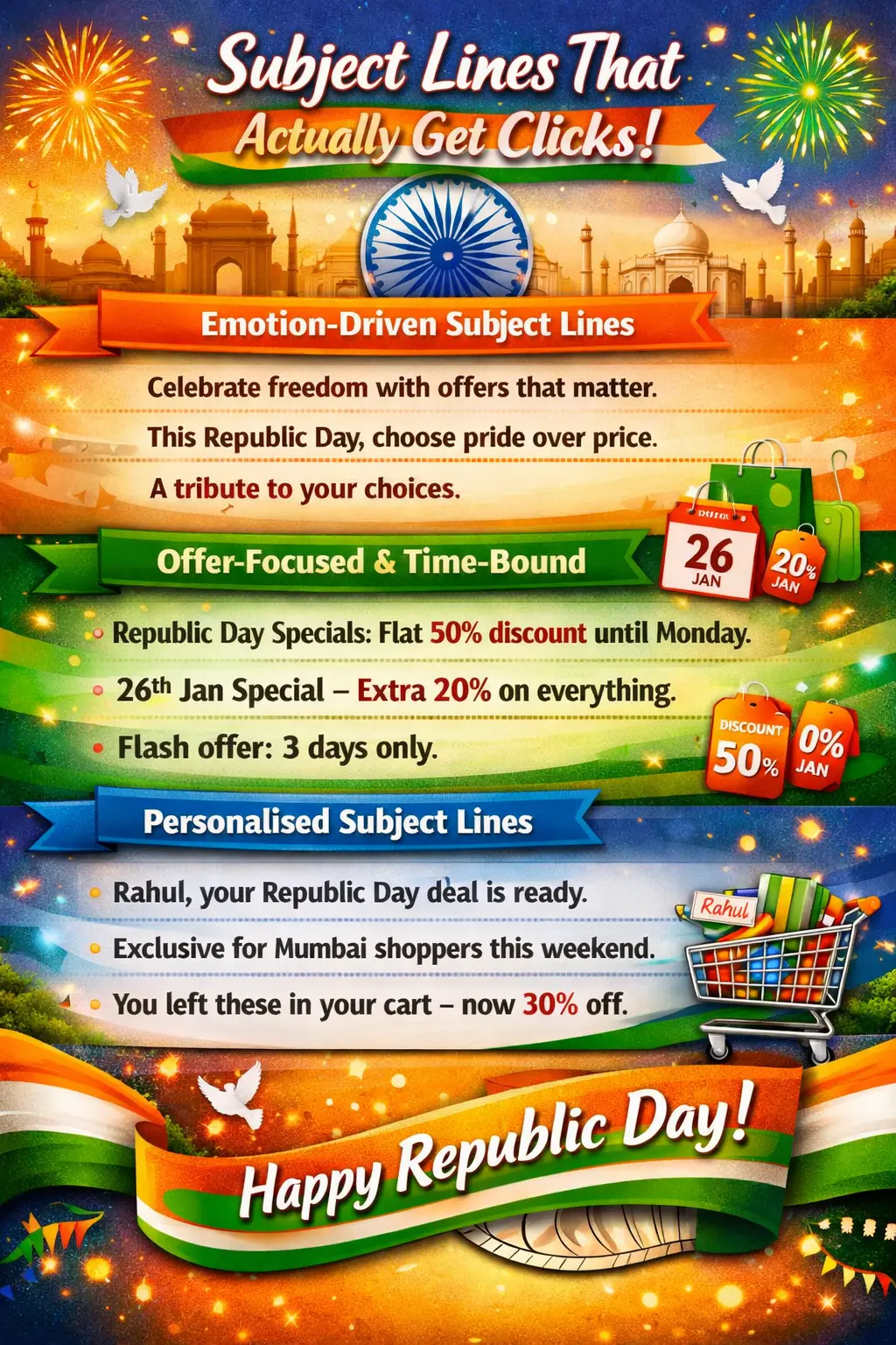 Infographic on effective Republic Day email subject lines: emotion-driven, offer-focused, and personalized examples.