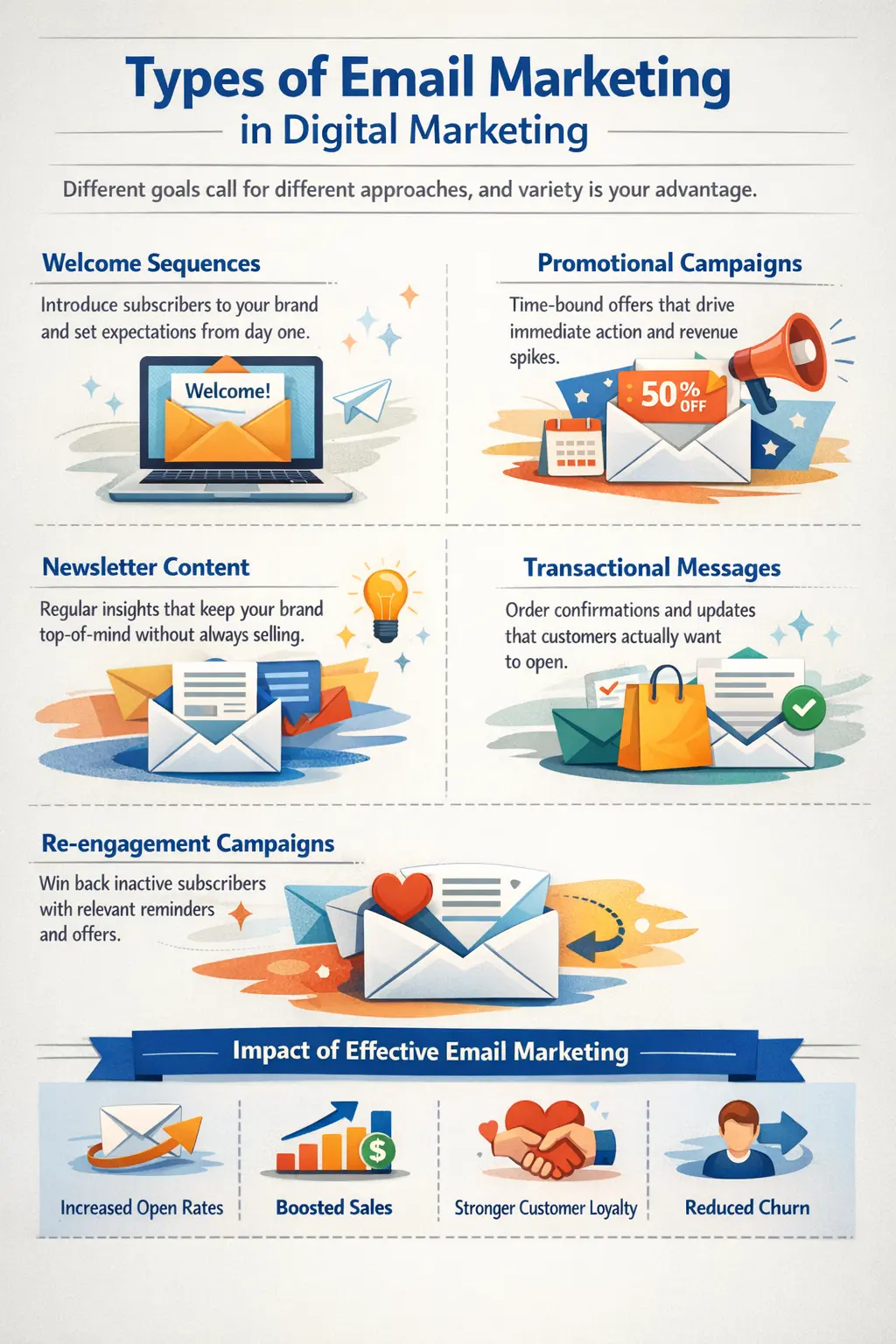 A visual guide to the types of email marketing campaigns, including welcome sequences, promotional campaigns, newsletters, transactional emails, and re-engagement campaigns, with icons and descriptions for each, highlighting increased open rates, sales, and loyalty.