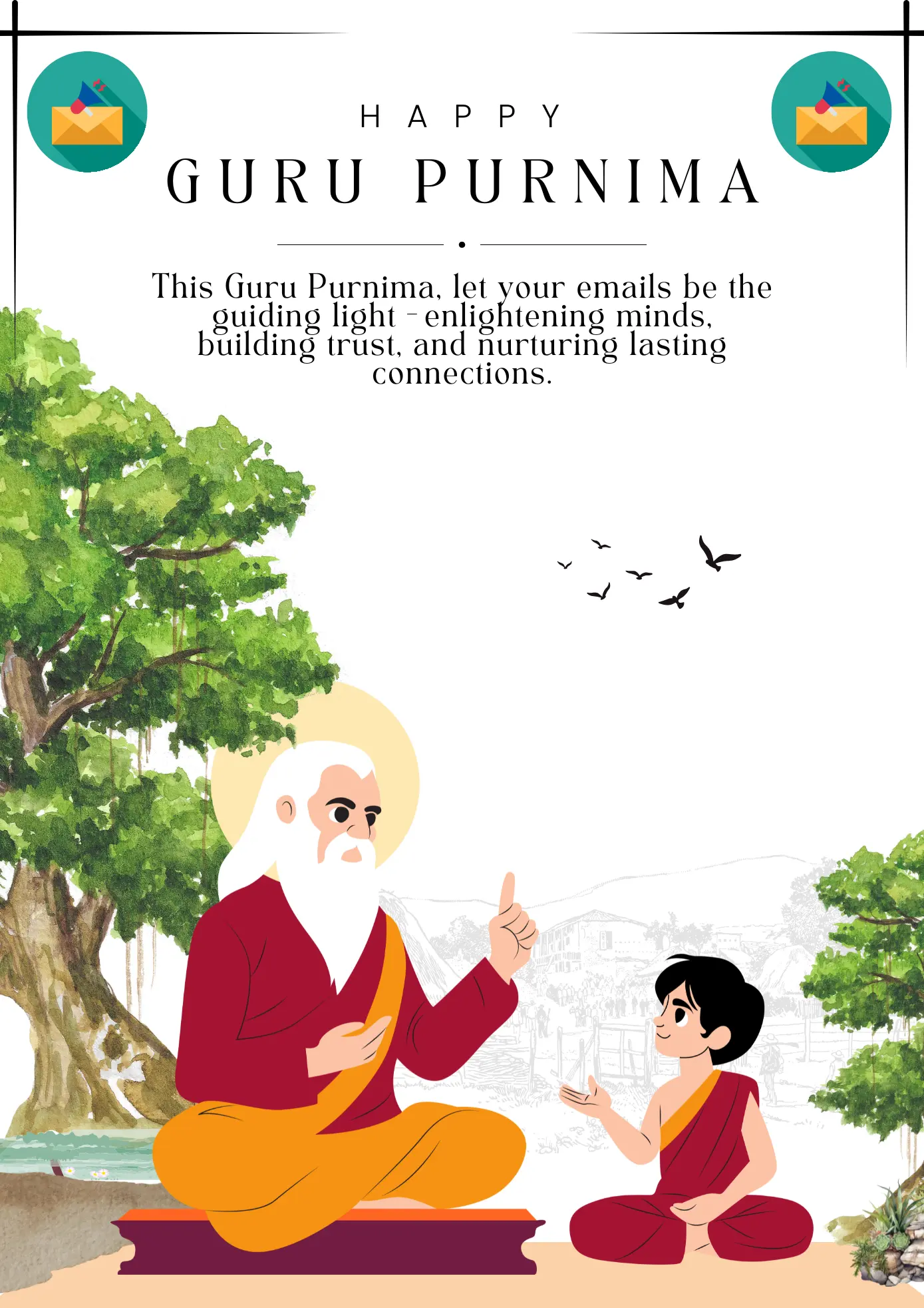 Illustrated Guru Purnima greeting with an elderly guru teaching a young shishya under a tree, highlighting email marketing message for trust and connection.